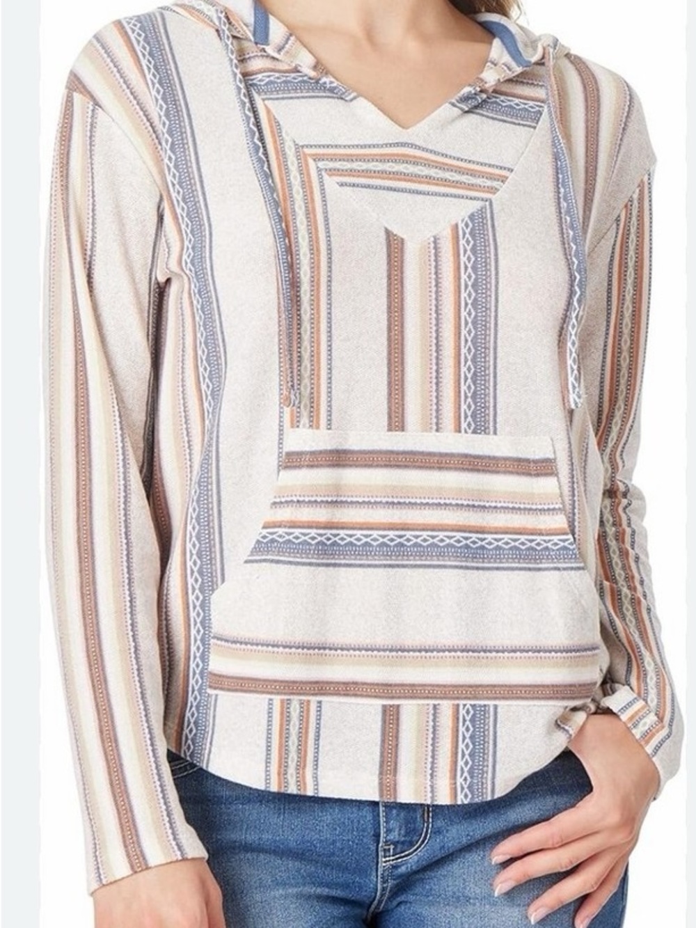 Striped Hooded Pullover Top - Beige Blue Pink